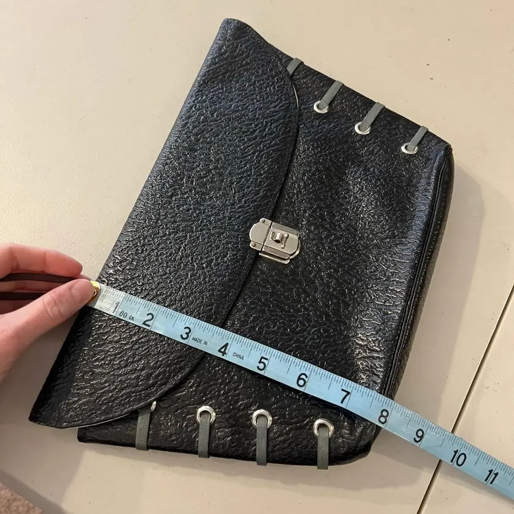 Vintage 90s Black Genuine Leather Weaved Silver Lock Large Clutch Bag